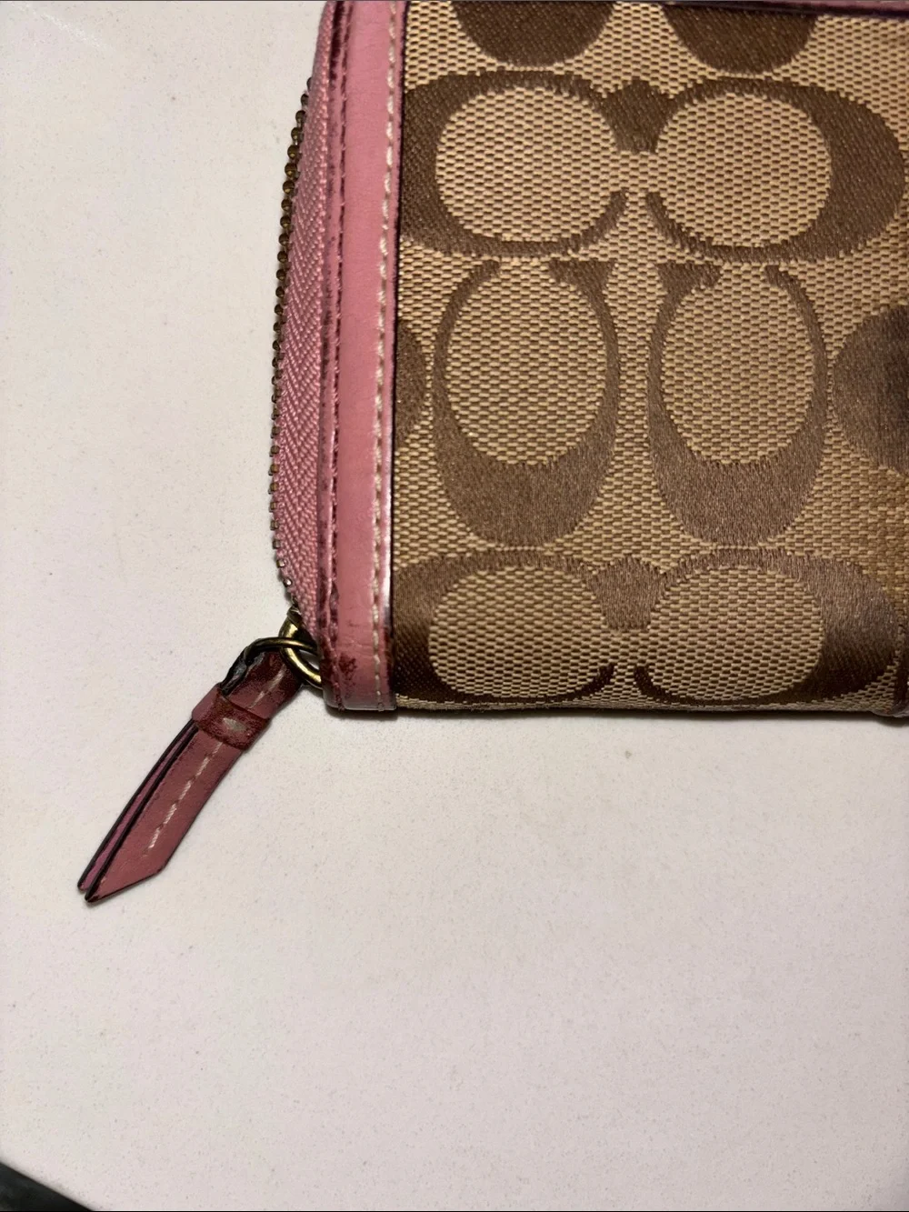 Coach Brown Signature Canvas Wallet with Pink Trim